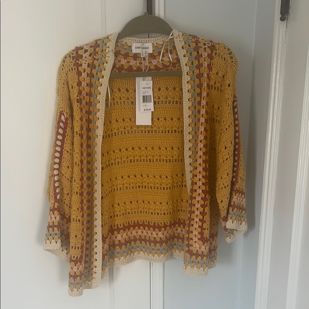Croft & Barrow Yellow and Red Cardigan Sweater with Lacy Crochet